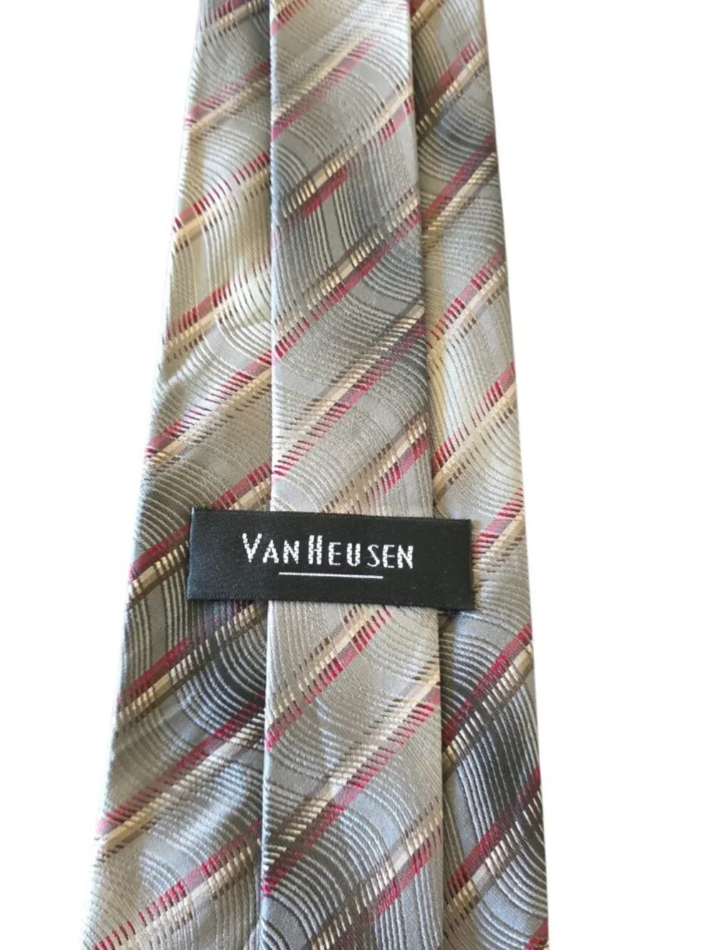 Van Heusen Gray Silver Red Plaid Silk Tie Classic Necktie